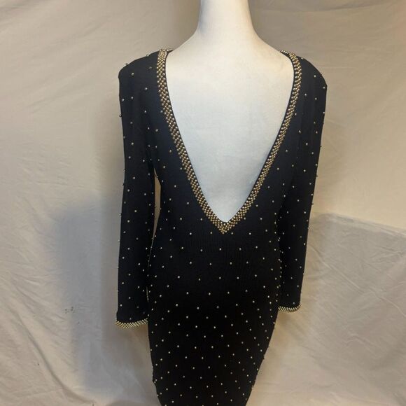 Vintage Et Al Beaded Wool Open V Back Black Dress Long Sleeve Uptown Gold - Picture 5 of 9